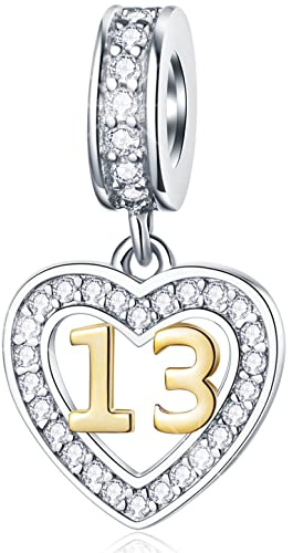 Charms de cumpleaños de 13 años de antigüedad para pulsera de estilo Pandora, colgante de oro 18k Número 13, colgante de aniversario 925 de plata esterlina de 13th con CZ, regalos para bebé niño/niña