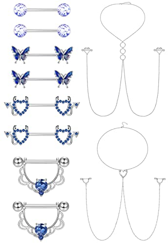 Kakonia 5Paar 14G Nippelpiercing für Damen Chirurgenstahl Schwarz Silber Edelstah Glitzer Pink Brustwarzenpiercing Herz Schmetterling Nippelringe Kette Zirkonia Set für Damen Heren