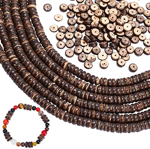 SUPERFINDINGS 6 Brins Environ 528pcs Heishi en Bois de Noix de Coco 8mm, Entretoises Marron Plates Rondes pour Bracelet Collier, Trou: 1mm