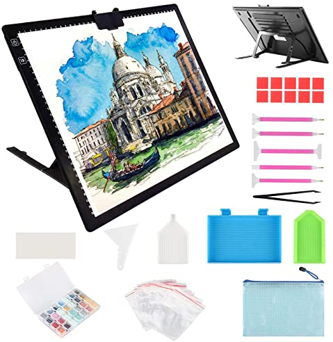 iVAOOZE Leuchttisch A3 mit Ständer/clips,3000mAH Batterie Wiederaufladbares lichtpad,3 Farben dimmbar und 6 Helligkeitsdimmen Lichtplatten für Zeichnung,Diamond Painting,Skizzieren,Tattoo,Designen