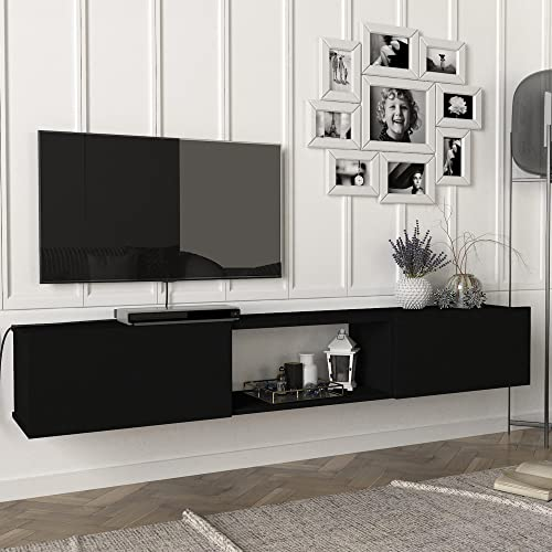 [en.casa] Mobile TV da Parete 180 x 31 x 29,5 cm Mensola Porta TV con 3 Scomparti 2 Vani con Ante a Ribalta Armadietto Pensile da Soggiorno Camera da Letto - Nero