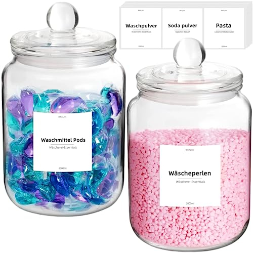 Waschmittel Pods Aufbewahrung Vorratsgläser, 2*2 Liter Waschpulver Glasbehälter Vorratsdosen Glas mit Deckel Luftdicht und 26 Aufkleber, Mehl Pasta Vorratsglas für Reis Süßigkeiten Schokolade
