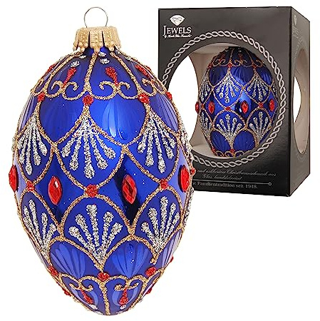 Krebs Glas Lauscha - Weihnachtsdekoration/Christbaumschmuck aus Glas - Weihnachtsbaumanhänger als Glas-Ei - Farbe: Blau glänzend - Glitzernd Verziert mit Strasssteinen - Größe: 10 cm