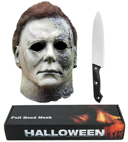 Kseyic Michael Myers Maske Spaventoso per Adulti,Maschera Completa per Halloween Horror Viso Copricapo in Lattice Con Capelli (B)