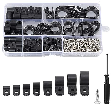DesertBoy 151 Pieces Black Nylon R-Type Cable Clamp Clips Plastic Cable Clamp Assortment Kit Fastener Plastic Wire Clamp Clips with Screws and Screwdriver for Wire, Electrical Cable, Conduit