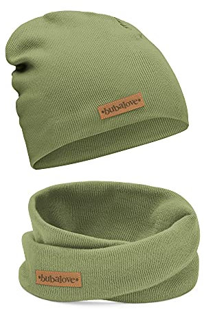 Bubalove Mützen und Schals für Jungen, Mädchen, Babys, Größen 1 Jahr bis 8 Jahre+ viele Farben, Baumwolle Kinderset Mütze und Schornstein, Baumwollmützen, (Oliv, 8+ Jahre (50-56 cm))