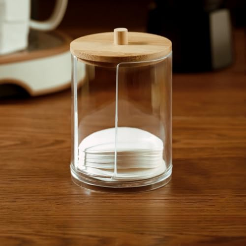 RYUHYF Espresso Paper Filter Holder Coffee Filter Storage Container with Lid Acrylic Coffee Filter Dispenser Compatible with 51mm/54mm/58mm Round Disposable Paper Filters (Bamboo Lid)…