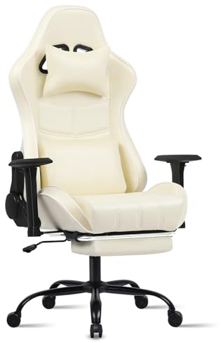 Fruyyzl Sillas Gaming con Reposapies, Silla Gamer Adulto con Respaldo Lumbar, Silla Escritorio Gaming Ajustable en Altura, Silla Ordenador en Piel Sintética (Gama Alta, Beige)