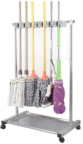 GOCHUSX Besenmopphalter, Reinigungswagen Auf Rädern, Haushaltswagen Mit Regalen, Bodenreinigungswischer, Reinigungswerkzeugwagen Für Nasse Mopps (Farbe : Silver, Größe : 65x45x110cm(5slots))