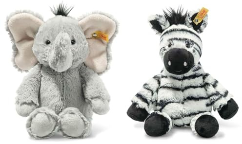 Steiff Ella Elefant grau 30 cm, Soft Cuddly Friends Kuscheltier & Zora Zebra weiß-schwarz 30 cm, Soft Cuddly Friends, Kuscheltier Zebra