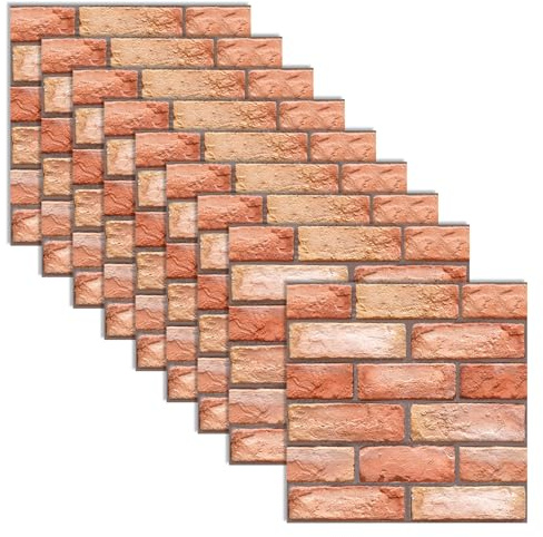 oupados 10 Stück Steinoptik Selbstklebend Tapete 3d Steinoptik Tapete Ziegelrot Selbstklebende Tapete Wandpaneele Geeignet für Bad Küche TV-Wand Oder Flur Dekoration 30×30cm