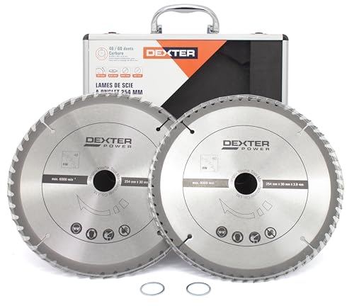 Dexter 2x Kreissägeblatt 254x30 mm Sägeblatt mit 48 und 60 Zähnen + Alukoffer und 2x Reduzierring für Holz, Spanplatten, Laminat, Kunststoffen, Aluminium, Kupfer, Messing und NE-Metallen