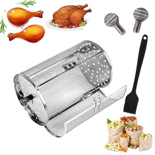 Stainless Steel Rotating Grill, 360 Self Rotating Rotisserie Basket For Grill, Rotating Grill Basket, Bbq Grill Roaster, Rotating Chicken Wing Basket For Grill Outdoor Camping (14*25cm/5.5*9.8inch)