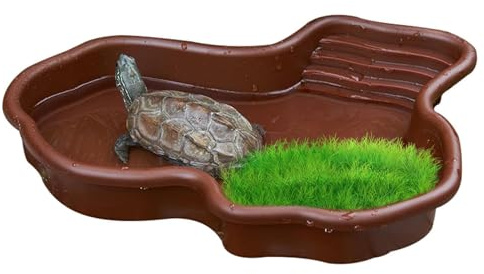 Sköldpadda matskål – sköldpadda badskål med golvbrunn, akvariedekoration | reptil badkar med ramp och solplattform, akvariedekoration för sköldpaddor, trädgård, balkong, gecko