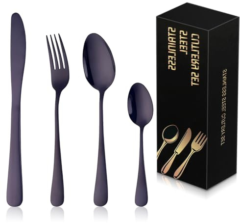 DOCBLACK Stainless Steel Cutlery Set, 24 Piece Black Silverware Flatware Sets for 6, Mirror Polished and Dishwasher Safe, Suitable for Home and Restaurant