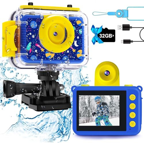 GKTZ Appareil Photo Enfant Étanche,Caméra Vidéo sous-Marine Enfants Appareil Photo Selfie Numérique avec Jeux Cadeaux de Noël pour Les garçons 3-12,Jouet avec Écran 2 Pouces,Carte TF 32 Go