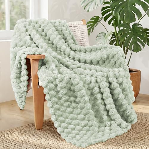 Whale Flotilla Soft 3D Jacquard Fleece Throw Blanket for Sofa, Sage Green