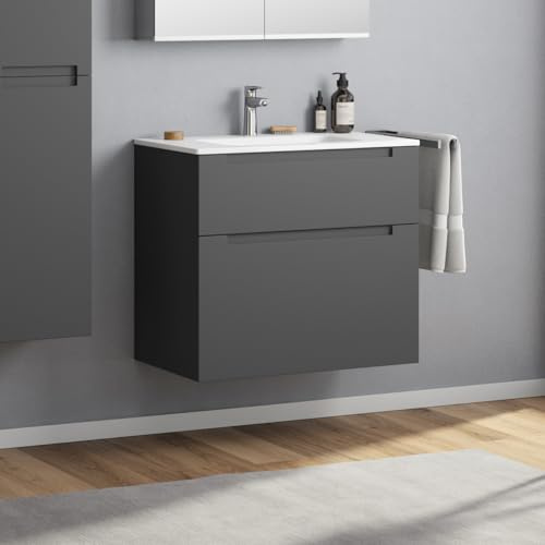 Zentrobad Premium Waschbecken mit Unterschrank matt lackiert 80 cm Waschtisch Badmöbel Badezimmer Schrank Badschrank mit Zwei Schubladen (Anthrazit matt)