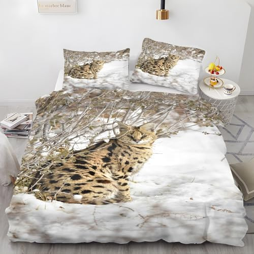 EXSANLIEAY Serval Katze BettwäSche 135x200 Schnee BettwäSche-Sets Weich & Bügelfrei Bettbezüge, 3teilig Microfaser Bettbezug Set mit Reißverschluss - 1 Bettbezügen & 2 Kissenbezügen 80x80