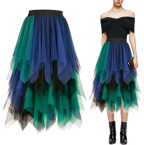 Baogaier Jupe Femme Tulle Tutu Élégante Midi-Longue Superposée Plissée A-Line Elastique Taille Classique pour Prom Party Carnaval Costume Féminin Bleu Vert Noir