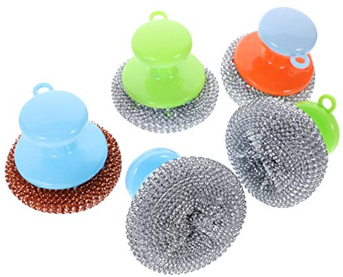 FOYTOKI 5pcs Stainless Steel Scrubber and Pot Cleaning Brush Set Handles, Kitchen Scrub Brushes for Pan and Grill Cleaning, Sturdy Metal Wire Scrubbing Tools for Kitchen Supplies Random Color