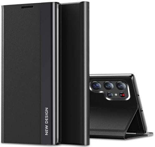 Handyhülle für Samsung Galaxy S22 Ultra Hülle S-View Flip Case Luxus Galvanisierungs Extra Dünn S22 Ultra Handytasch Case Sichtfenster Stoßfest Schutzhülle für Samsung Galaxy S22 Ultra 5G (Schwarz)