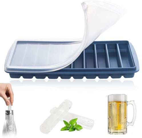 NHQZ Cubitos de Hielo de Silicona, Molde de Hielo de Silicona, con Tapa, Ideal para Deportes y Botellas de Agua, 10 Cavidades, Azul, 1 Piezas
