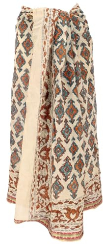 GURU SHOP Lätt pareo, sarong, handtryckt bomullstyg, Lungi med vävkant – beige/grön, herr/kvinnor, bomull, 190 x 120 cm, beige/grön, Einheitsgröße