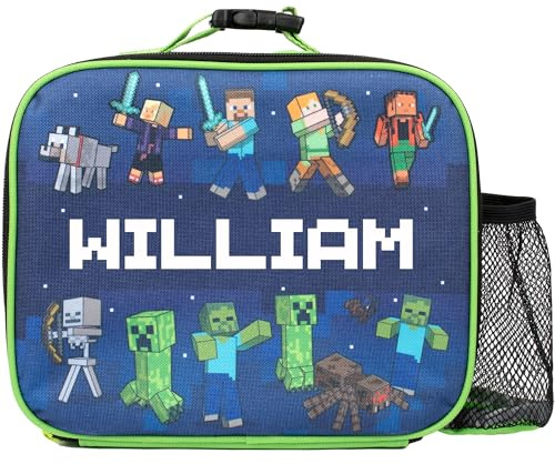 Minecraft - Personalised Kids Lunch Bag - Insulated Kids Snack Bag for Boys and Girls - Name Customisation - Dark Blue