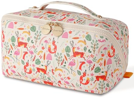 Aveniee Travel Makeup Bag for Women, Large Cosmetic Organizer with Open-Flat Design, Clear Divider & Handle - Waterproof PU Leather Toiletry Pouch