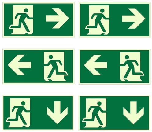 NINGYER 6 Pezzi Uscita di Emergenza Cartello, 300x150mm Autoadesivo Cartello Uscita di Emergenza, Non è Richiesta Alcuna Foratura per Hotel, Scuole, Edifici per Uffici (Sinistra, Destra, Giù)
