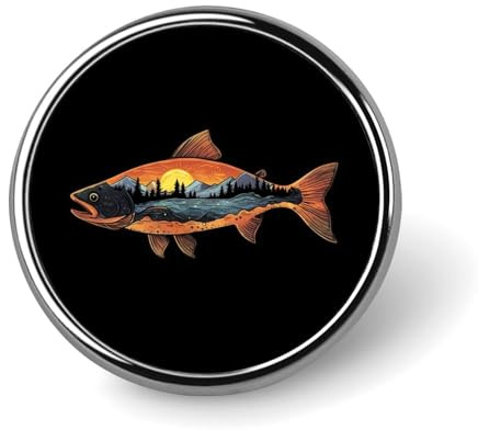 Fisch, Berg, Fluss, Sonnenuntergang, kleiner runder Button, Anstecknadel, Anstecker für Tasche, 2,5 cm, Hemdzubehör