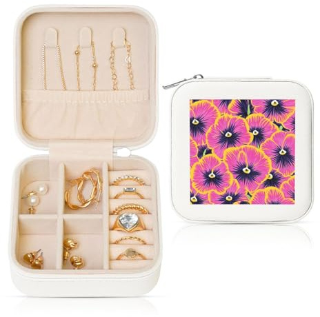 Vintage Neon Pink Pansies Travel Jewelry Case Organizer, Pu Leather Jewelry Storage Holder For Rings Earrings Pendants Necklaces For Girls Women