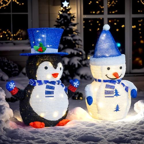 Bonnlo Lighted Snowman & Penguin Christmas Decorations Set, 28in/70cm Outdoor Pre-Lit Pull Up Plush Figures with 100 Warm White LEDs, Foldable Xmas Decor for Yard Garden Patio Indoor Holiday Display