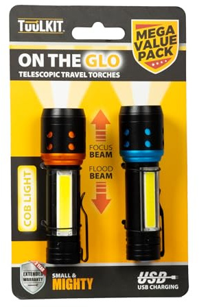 TUULKIT Travel Torches | Telescopic | Set of 2 USB Rechargeable Torches | Small & Mighty COB LED Flashlights | Focus & Flood Beam | Compact Camping Torch with 2Year Warranty