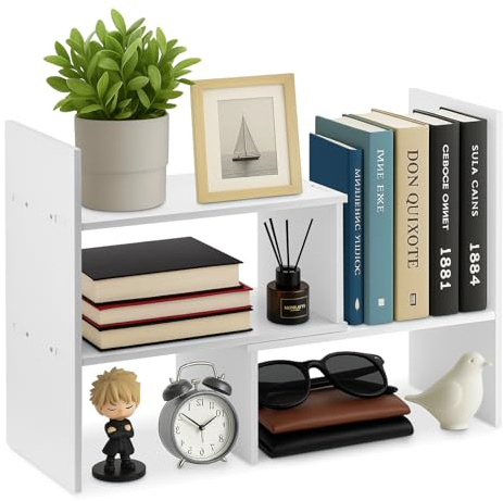 GREENSAPPIRE Wooden Expandable Desktop Bookcase Shelf Organizer White | Adjustable Desktop Storage Solution, Compact Display Space for Books, Stationery, Office Supplies and Home Work Areas