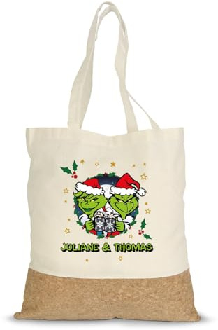 GRAVURZEILE Bedruckte Einkaufstasche Kork - Grinch Paar - Personalisiert mit Name - Einkaufsbeutel aus Baumwolle & Korkbesatz - Tragetasche mit langen Tragegriffen - Geschenk zu Weihnachten