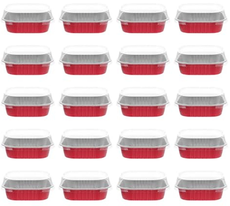 DEARMAMY Moldes Cuadrados para Hornear 220 Ml Tapa, Recipientes de Aluminio para Postres, Accesorios Prácticos para Cocina Doméstica y Repostería, Set de 20 Unidades, Color Rojo para Pudín y Tiramisú