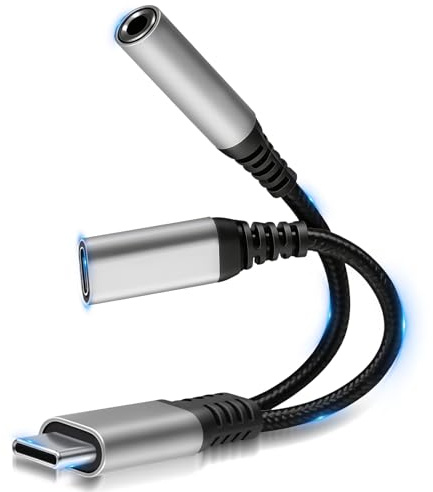 2 en 1 Adaptador USB C a Jack 3.5 mm, Soporta Carga Rápida PD 60W y Audio, Aux Adaptador Auriculares, Adaptador para Auriculares y Micrófono, Divisor Audio Tipo-C para Dispositivos USB-C