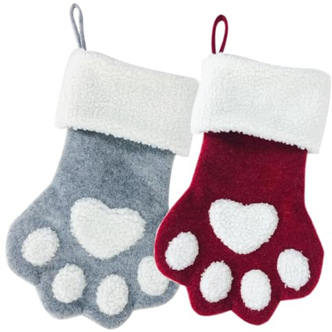Joygoodta 2 Stück Katzen-Weihnachtsstrumpf zum Aufhängen in Hundepfotenform, Weihnachtsstrümpfe für Weihnachtsbaum, Kaminsims, 25, 4 x 39, 6 cm