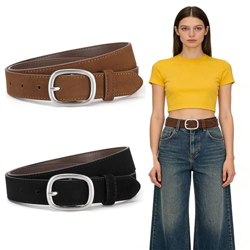 FOSDICK 2 Piezas Cinturon Mujer, Retro Moda Cinturones de Mujer, Cinturón de Cuero PU, 2.8 cm de Ancho, con Hebilla de Plata, Cinturones Mujer para Jeans, Vestidos, Pantalones, Abrigos (Negro, Marrón)