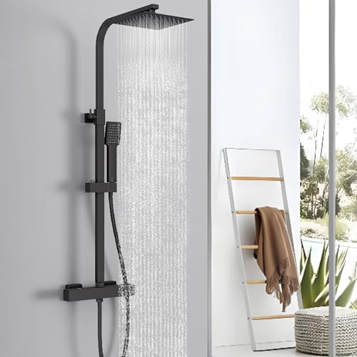 HAPAOSO Colonne de Douche Thermostatique, Ensemble de Douche Thermostatique en Laiton, Réglable en Hauteur et en Angle pour Salle de Bain (carrée1, noir)