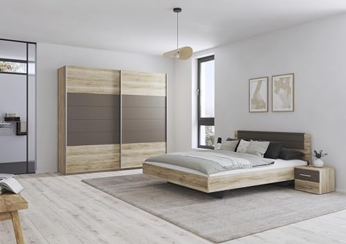 Rauch Möbel Barcelona Schlafzimmer, komplett, bestehend aus 1 Bett 160x200cm, 1 Nachttisch-Paar 50x38x37cm, 1 Schwebetürenschrank 226x210x62cm, Farbe Eiche Sanremo Hell mit Absetzung in Lavagrau