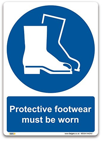 Schutz Schuhe zu tragen, Schild – selbstklebend Vinyl – Pflicht Sicherheit Schutzbekleidung, Selbstklebendes Vinyl, A4 297x210mm