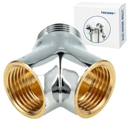 tecuro | 2-Wege Verteiler Y-Verteiler Gabelstück | für Auslaufventile Wasserhahn | allseitig 3/4 Zoll | Messing CW617N nach Trinkwasserverordnung | verchromt | 4699919