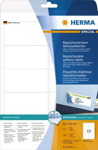 HERMA Etikett, Inkjet/Laser/Kopierer, selbstklebend, ablösbar, abgerundete Ecken, 96 x 50,8 mm, weiß (250 Stück), Sie erhalten 1 Packung á 250 Stück
