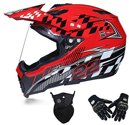 Set di Casco Moto Cross Adulto (Casco MTB Integrale/ Guanti/ Face Mask ) Casco Motocross con Visiera, Casco Downhill Enduro Off-road Scooter Sport, Ventilazione Regolabile, 3 Colori,Rosso,XL