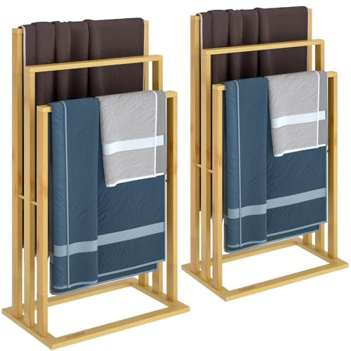 2X Porte-Serviettes en Bambou sur Pied avec 3 Barres Étagère de Salle de Bain Support pour Serviettes Charge Max 15 kg