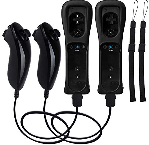 Lot de 2 manettes Wii et Nunchucks Manette sans fil compatible avec Nintendo Wii et Wii U, étui en silicone et dragonne, pas de détecteur de mouvement Plus, noir