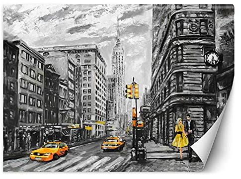 Feeby Carta Da Parati Strada Taxi Coppia Di Persone 350x245 cm giallo Fotomurale Tessuto Non Tessuto Per Casa Ufficio Camera Da Letto Gabinetto Soggiorno Acquerello New York City